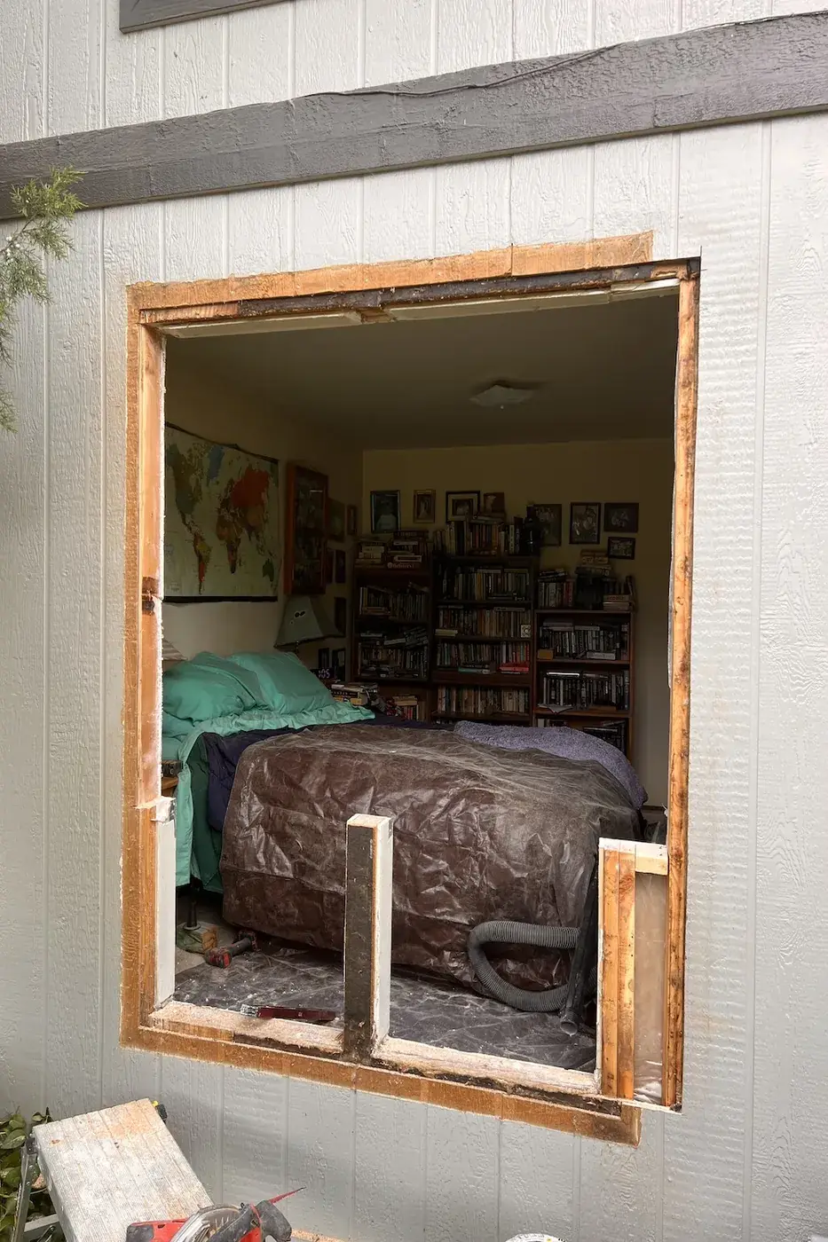 Bedroom window opening cut into exterior siding during Boise window replacement