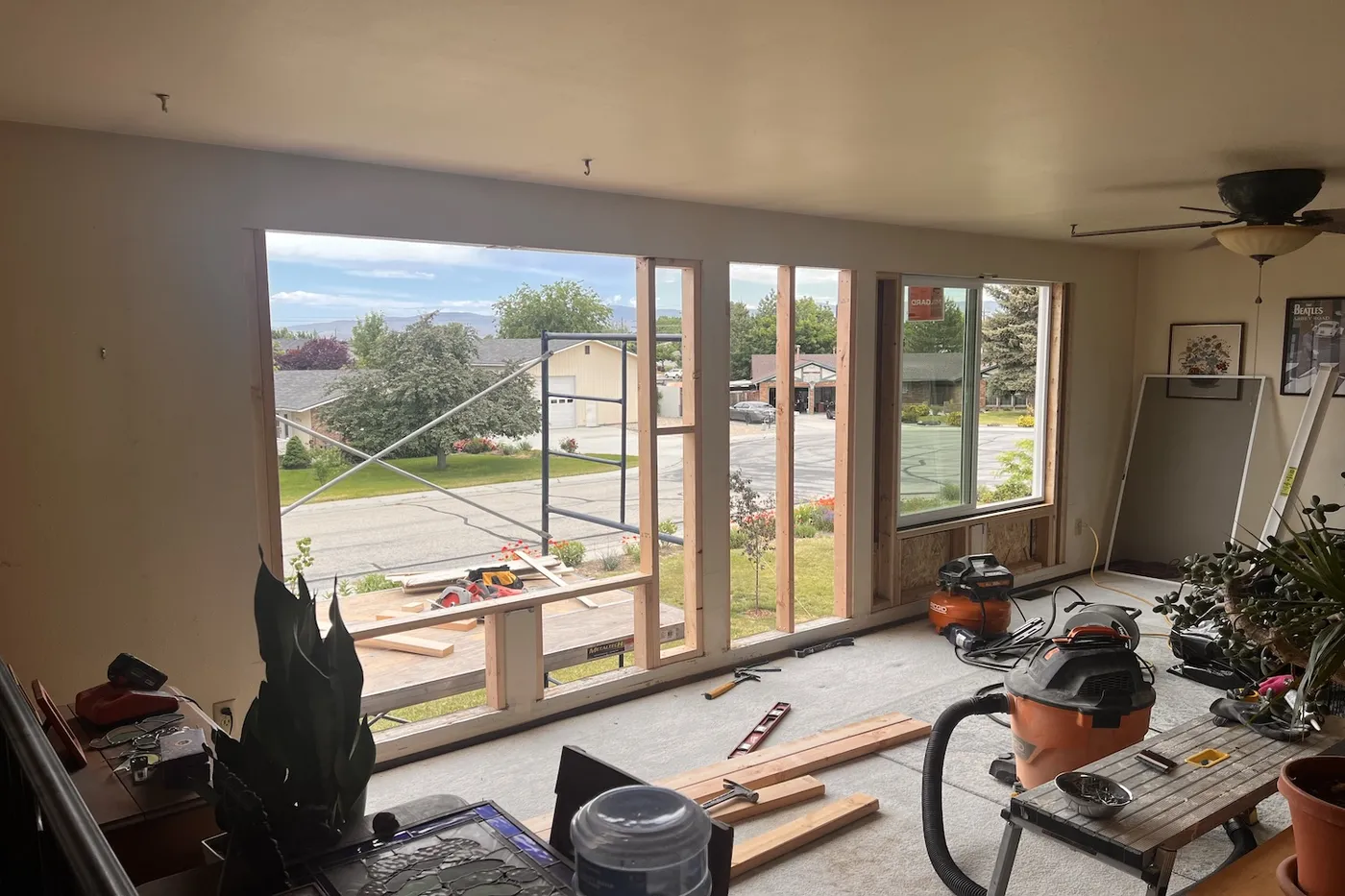 Interior view of new window wall framing during Boise home renovation